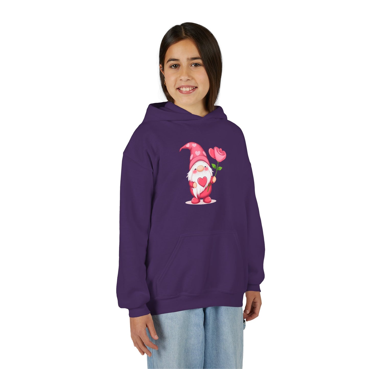 Valentine Gnome Kids Hoodie — Cute Pink Gnome Holding Rose Youth Sweatshirt