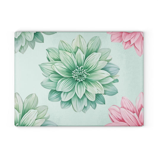 Glass Cutting Board — Pastel Succulent Floral Design (Mint & Pink)