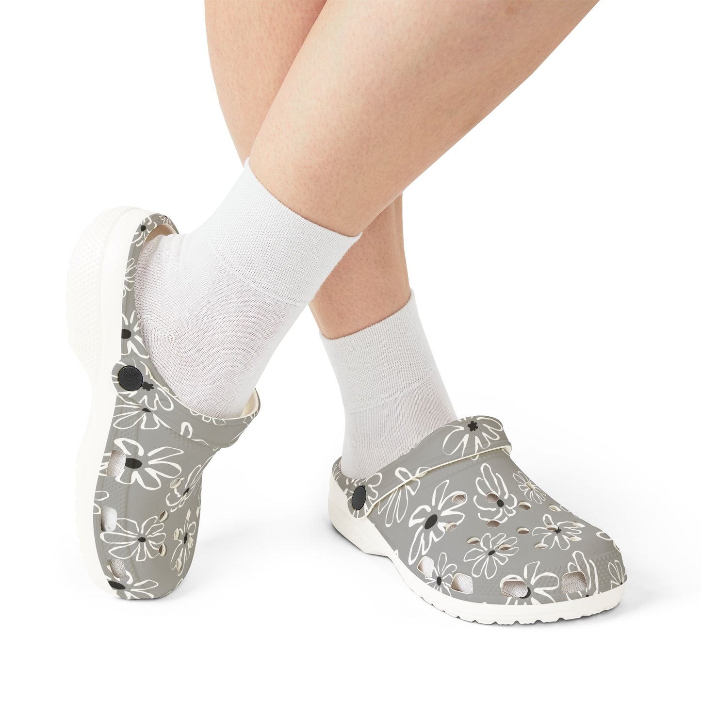 Gray Floral EVA Foam Clogs — Lightweight Garden & Casual Slip-On Shoes