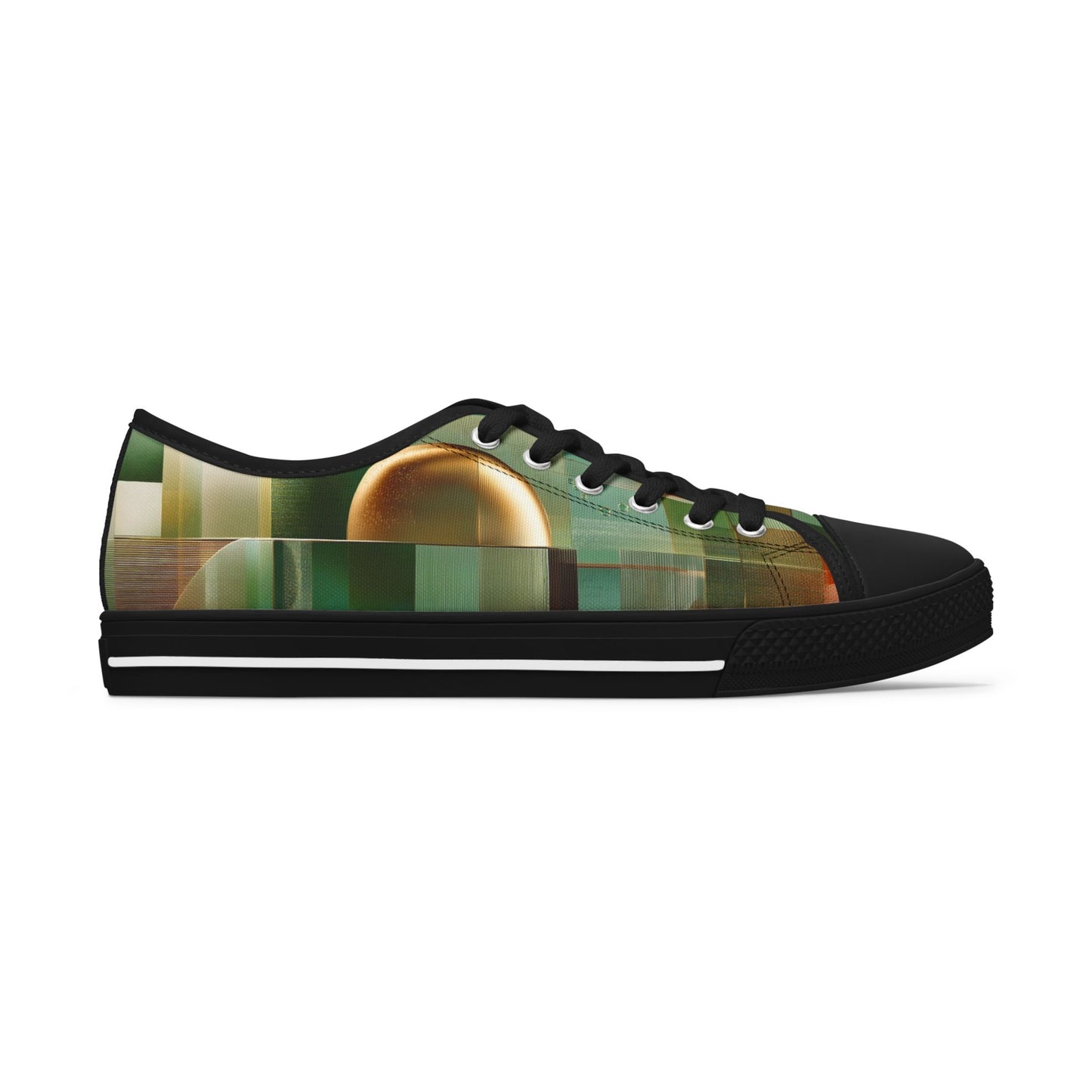 Low Top Sneakers — Green Abstract Geometric with Gold Orb Design