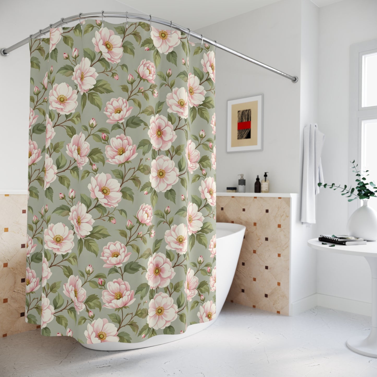 Floral Vintage Shower Curtain — Pink Peony Pattern on Sage Green