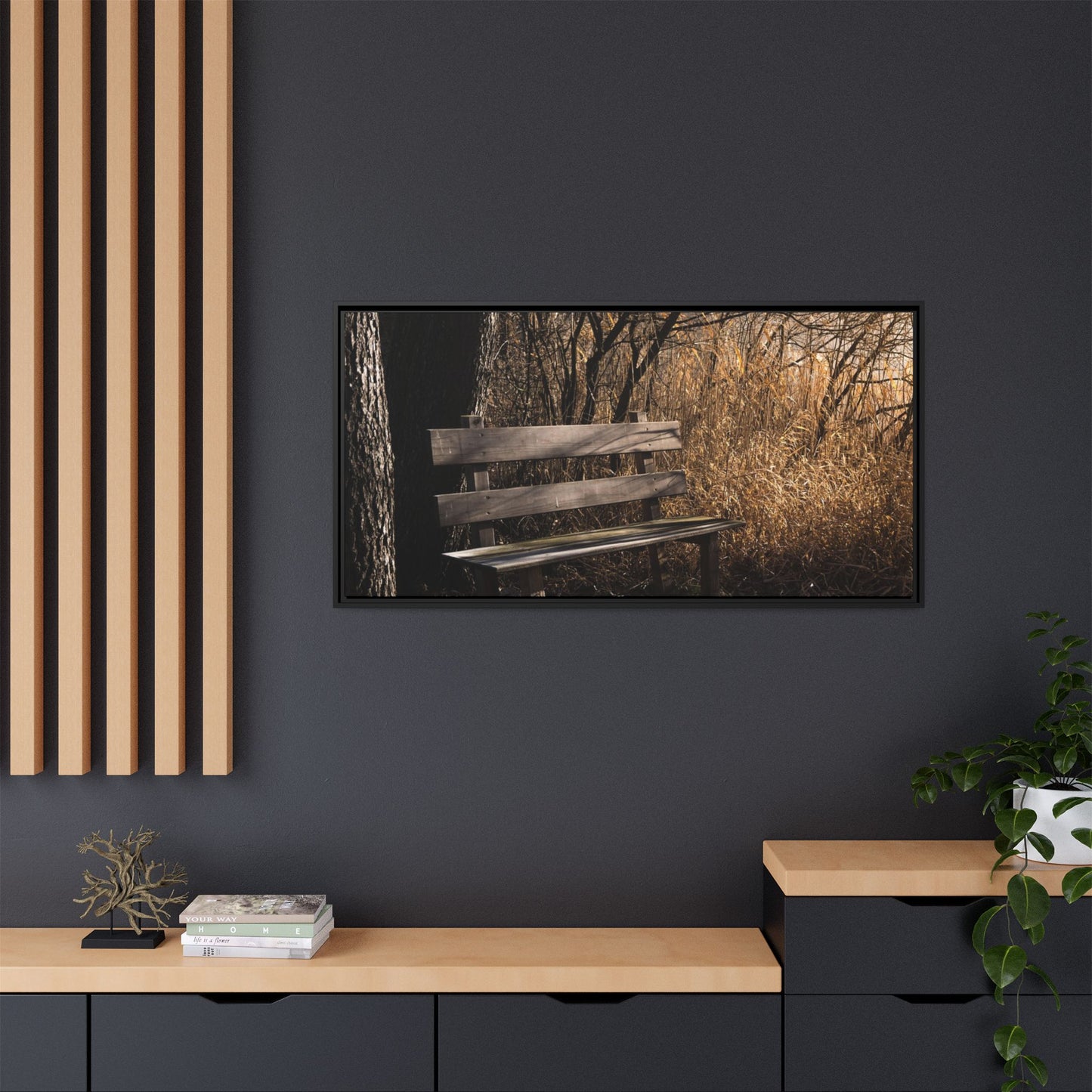 Framed Matte Canvas Print — Autumn Park Bench Photography