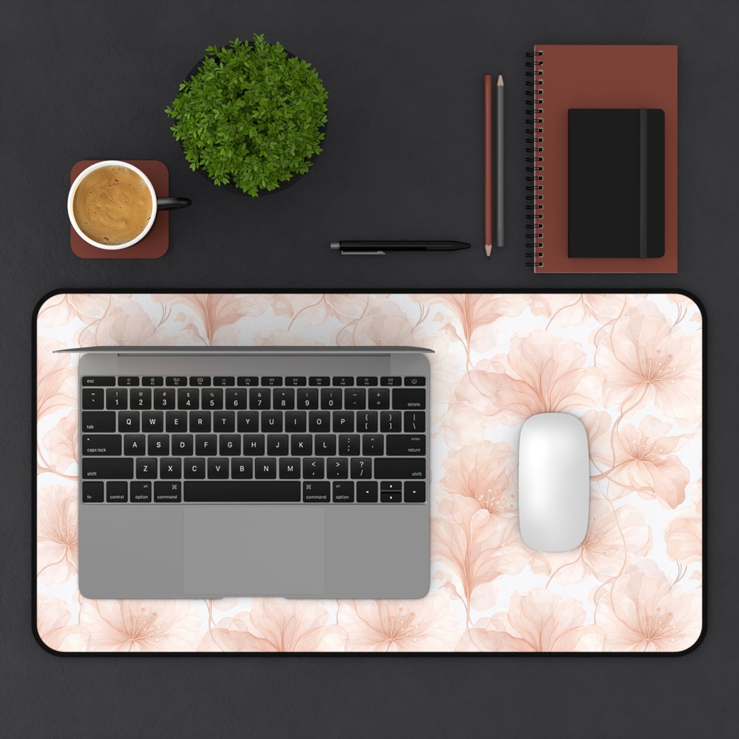 Blush Floral Desk Mat — Soft Pink Ginkgo Leaf Mouse Pad