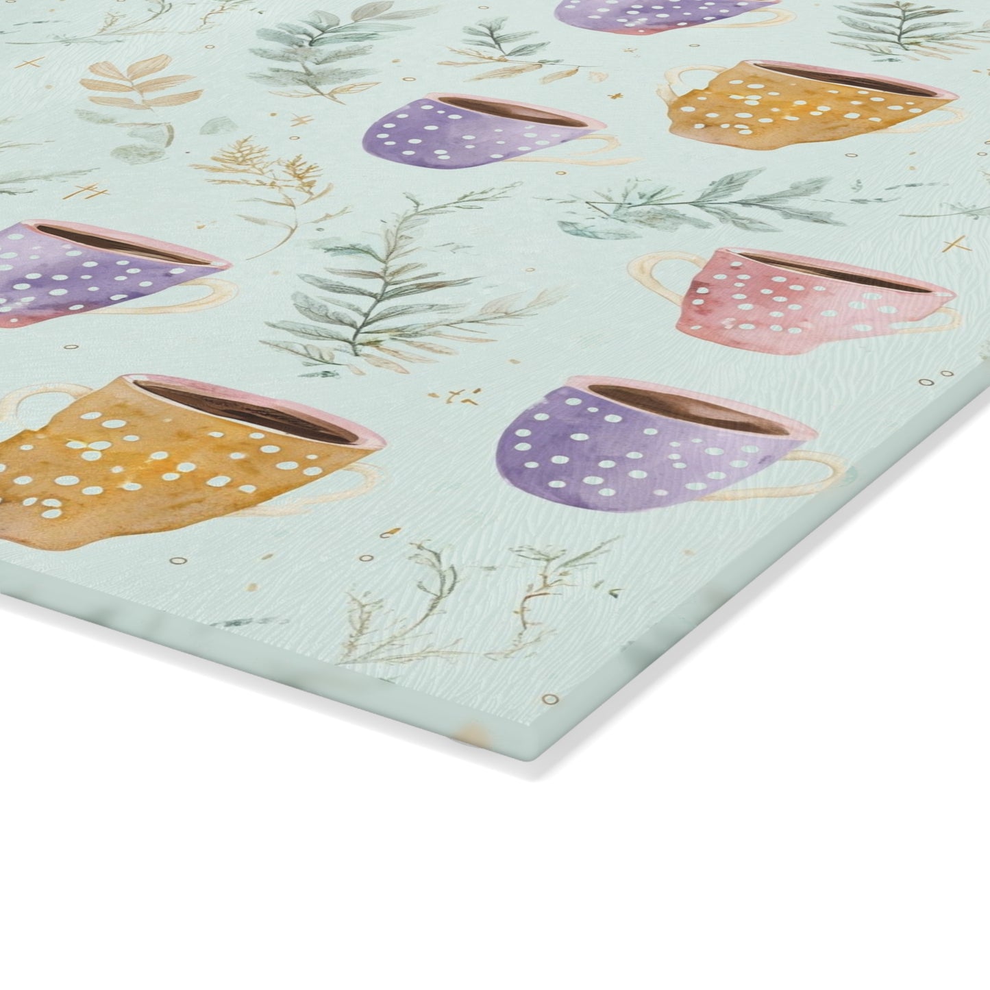 Ceramic Mugs Pattern Glass Cutting Board — Pastel Teacup Kitchen Chopping Board