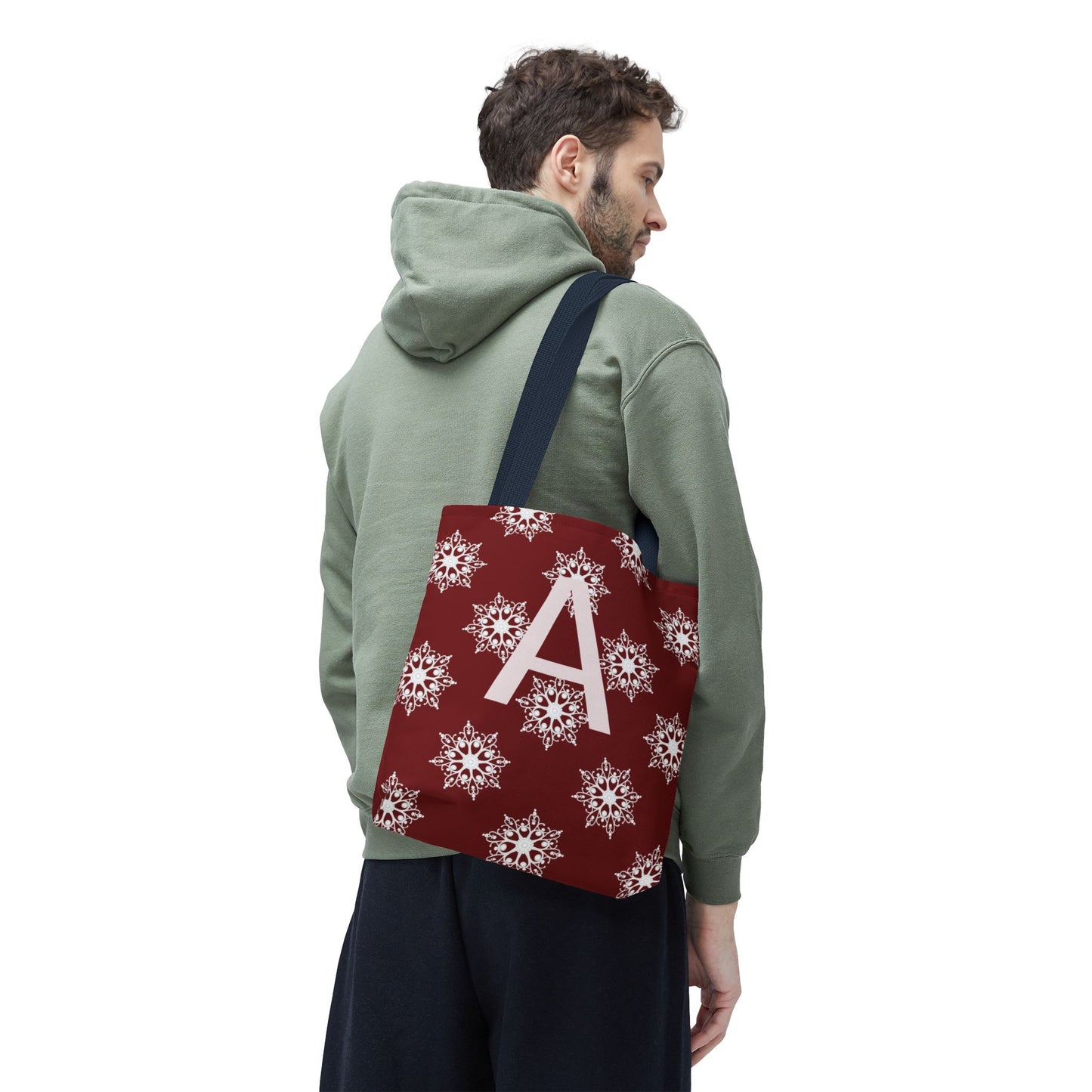 Monogram A Snowflake Tote Bag — Personalized Holiday AOP Tote