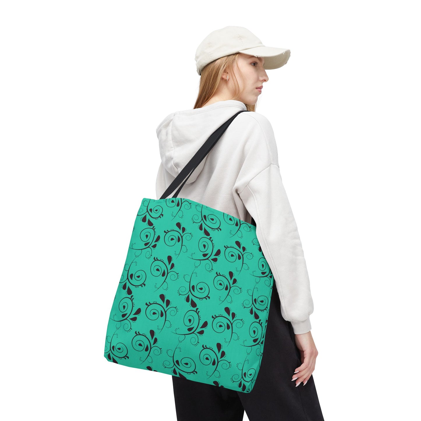 Turquoise Floral Swirl Tote Bag – All-Over Print Stylish Shopping Bag