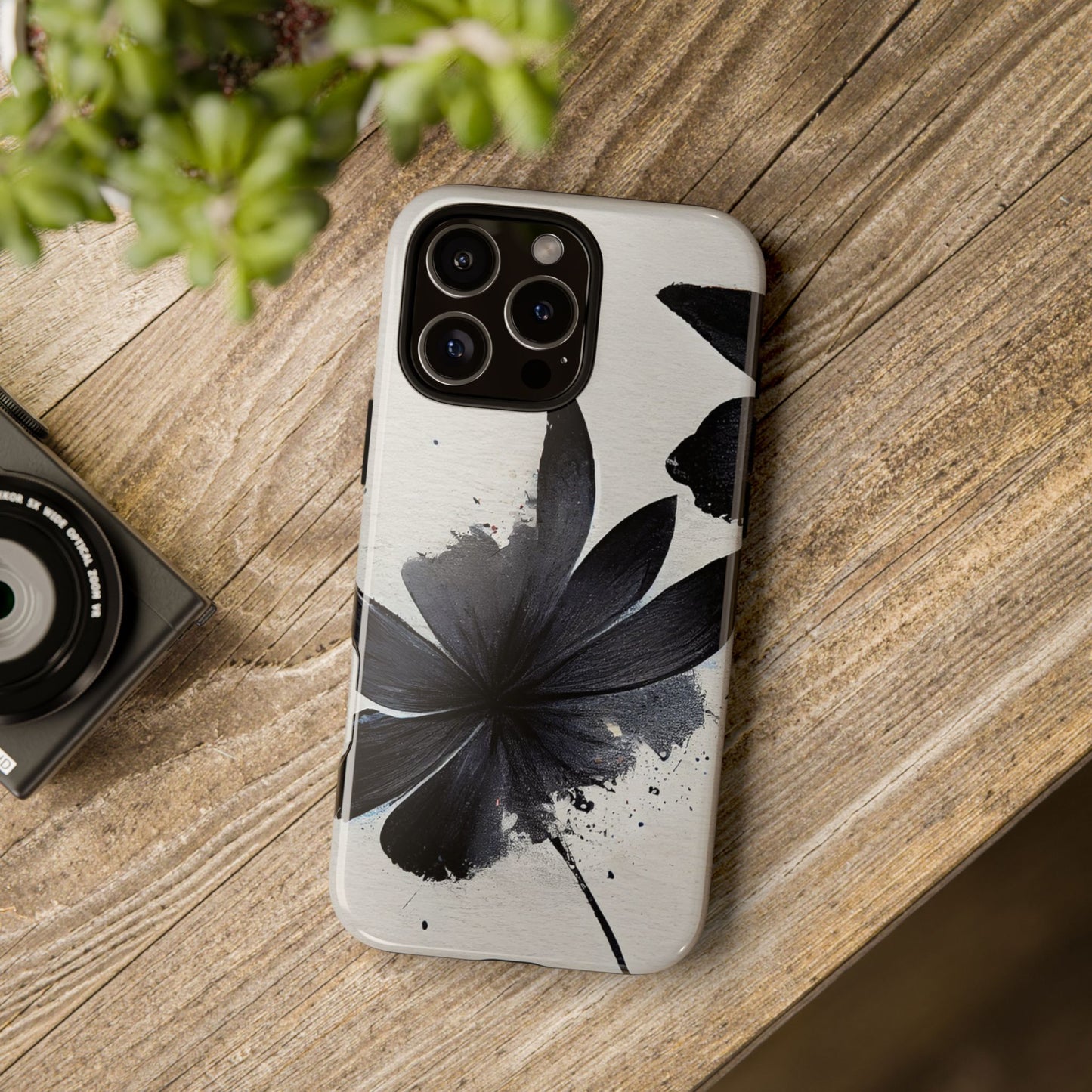 Monochrome Floral Tough Phone Case — Black Ink Flower Protective Cover
