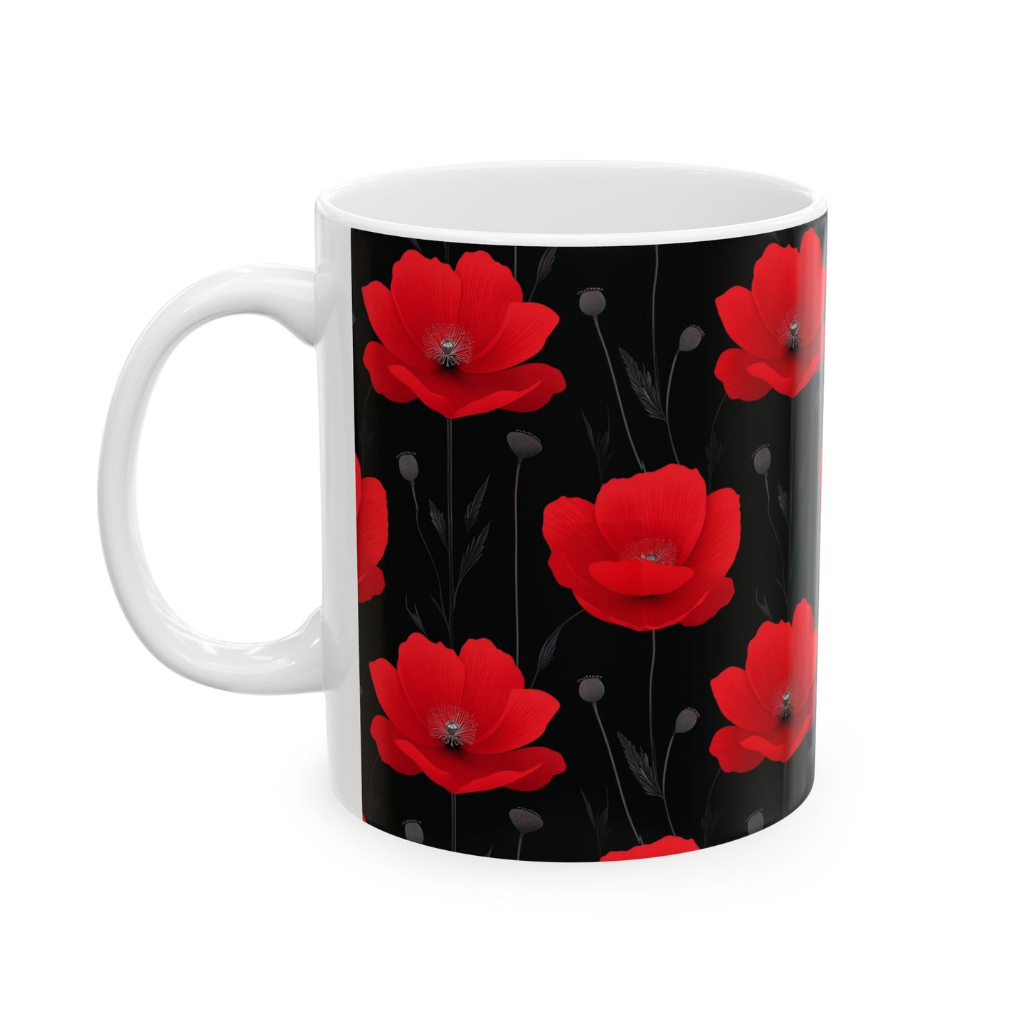 Red Poppy Floral Mug — Black Background Ceramic Coffee Cup (11oz, 15oz)
