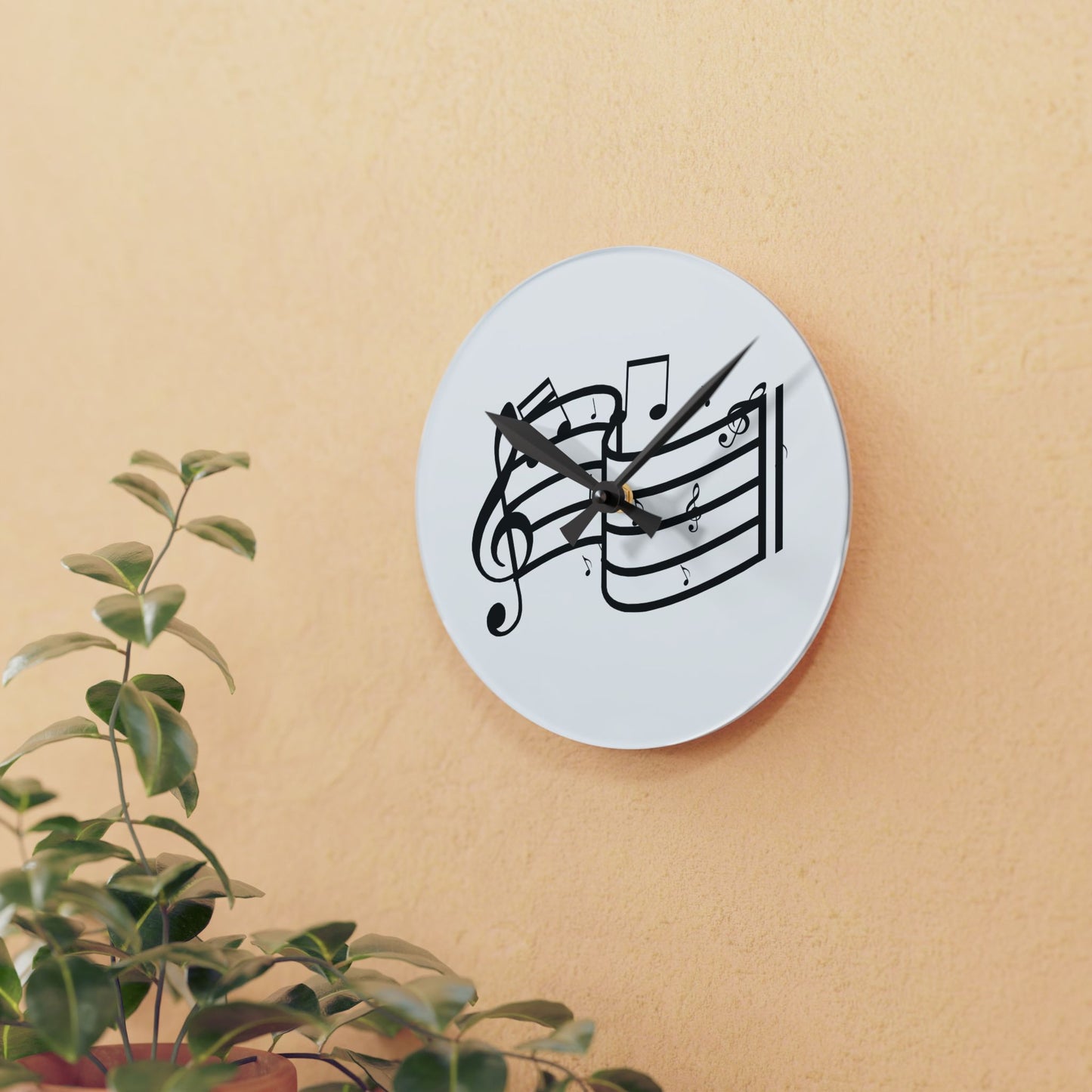 Musical Notes Acrylic Wall Clock — Black Treble Clef Design