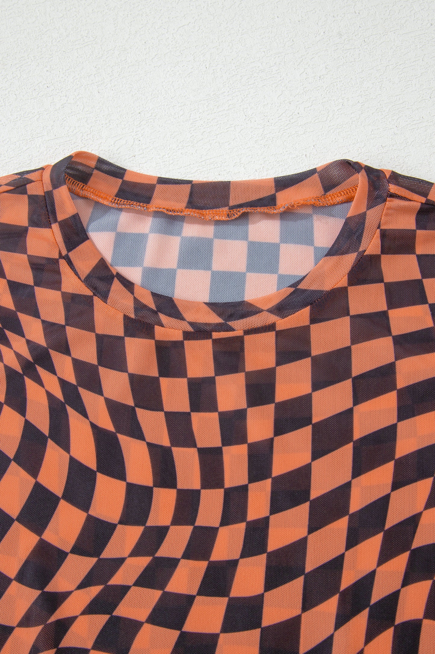 Orange Checkered Print Crew Neck Mesh T Shirt