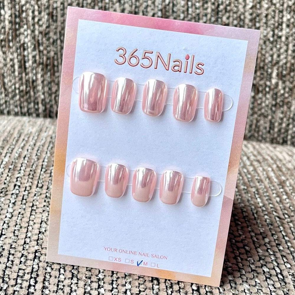 365nails: "Pink Chrome Mirror Nude" – Metallic Mirror Handmade Medium Square Nails