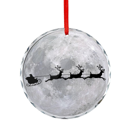 Glass Circular Ornament Pendant - Moon Santa Flying
