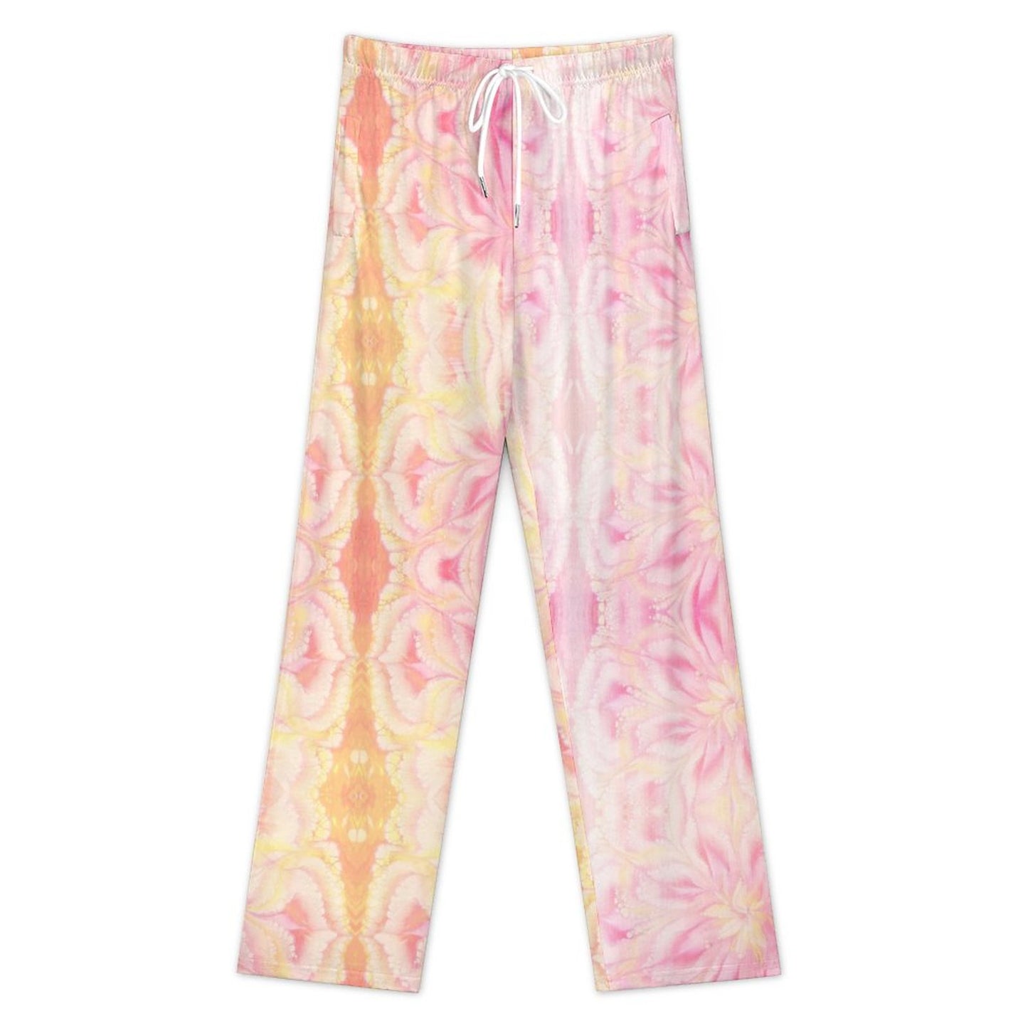 Faux Cotton Drawstring Women Wide Leg Pajamas Pants Pink Tie-Dye
