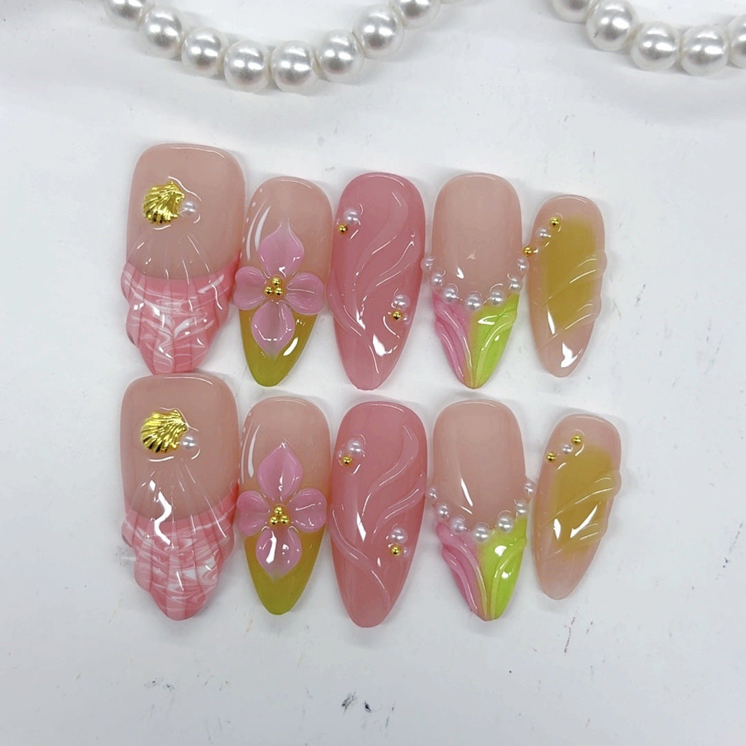 Mermaid Shell Floral: "Pink & Pearl" – Almond Press-On Nails – Image 3