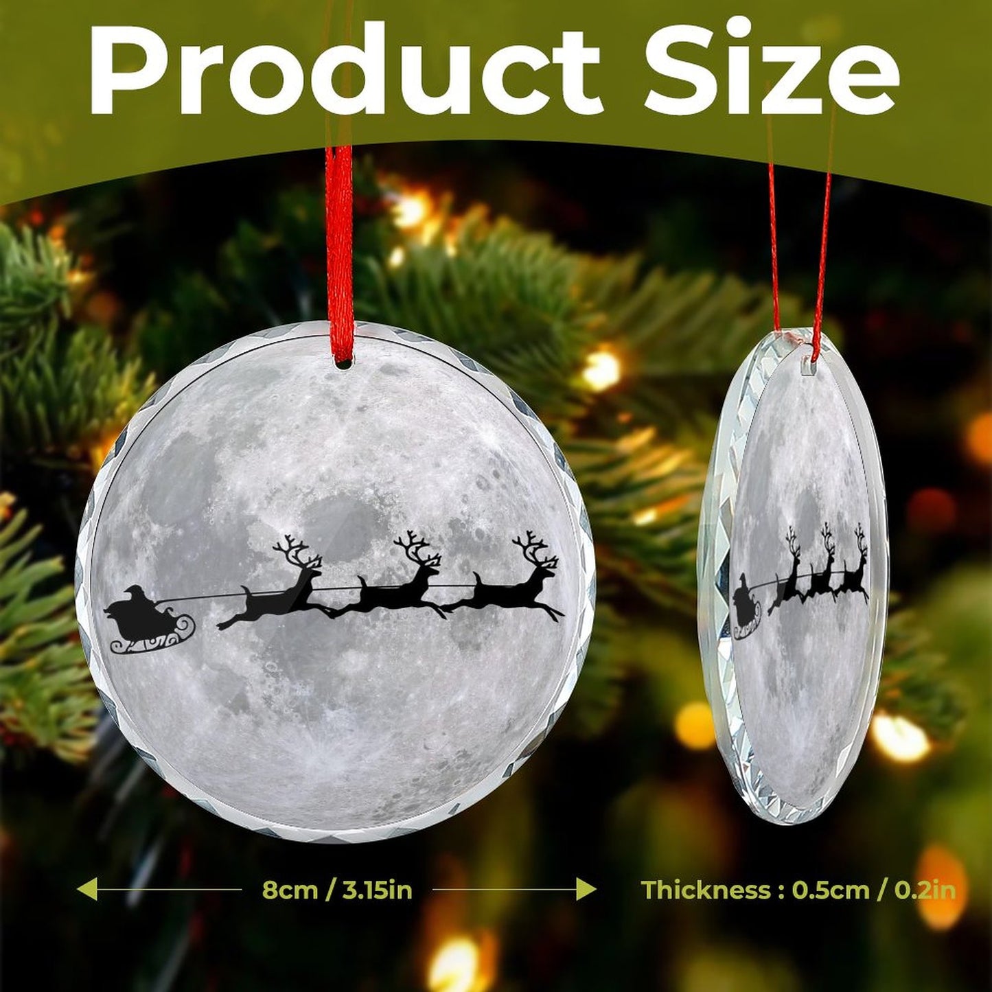 Glass Circular Ornament Pendant - Moon Santa Flying
