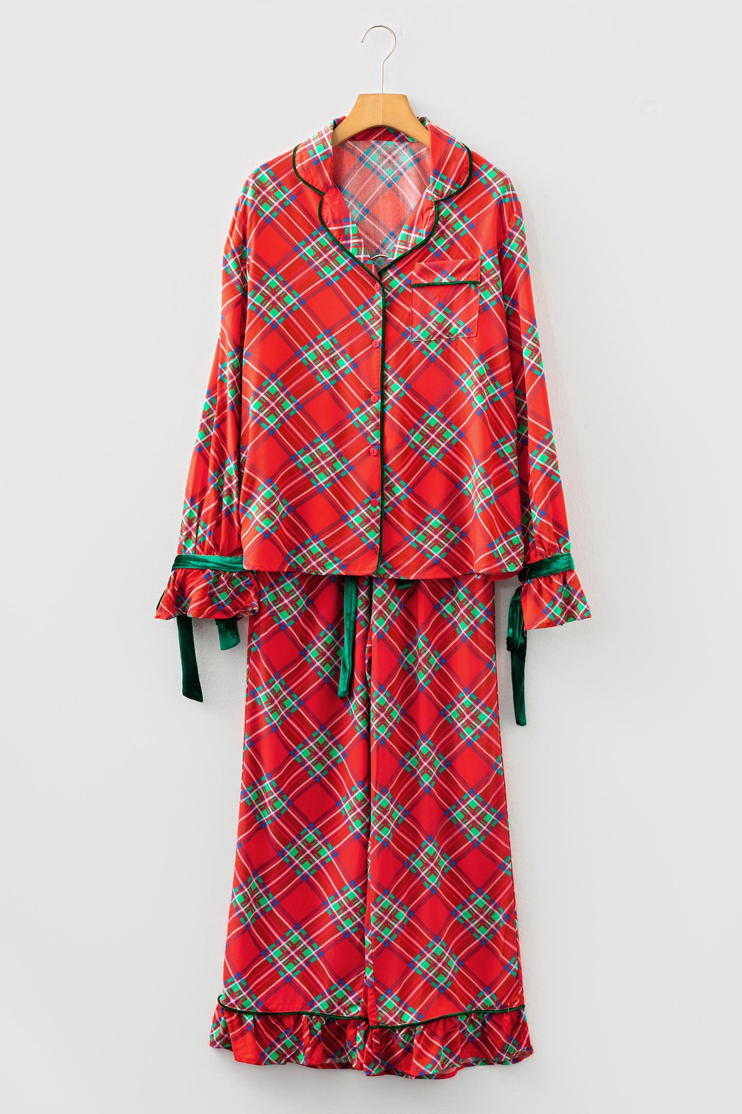 Fiery Red Plaid Satin Pajama Set with Contrast Velvet Ties