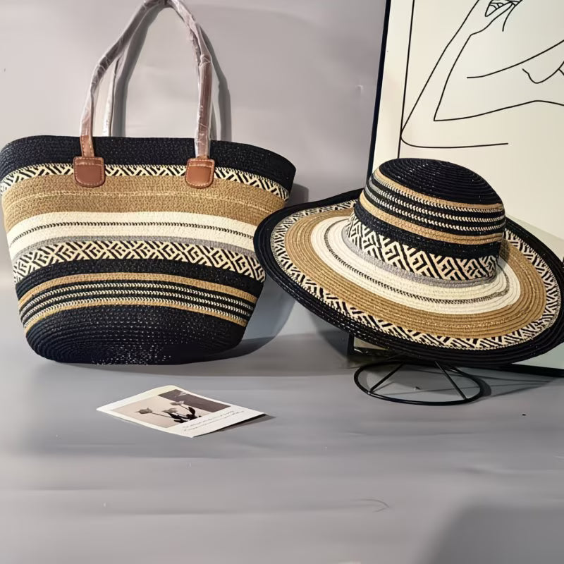 2pcs Set of Straw Hat and Woven Bag for Vacation Style, Sun Hat and Fashionable Tote Bag Set