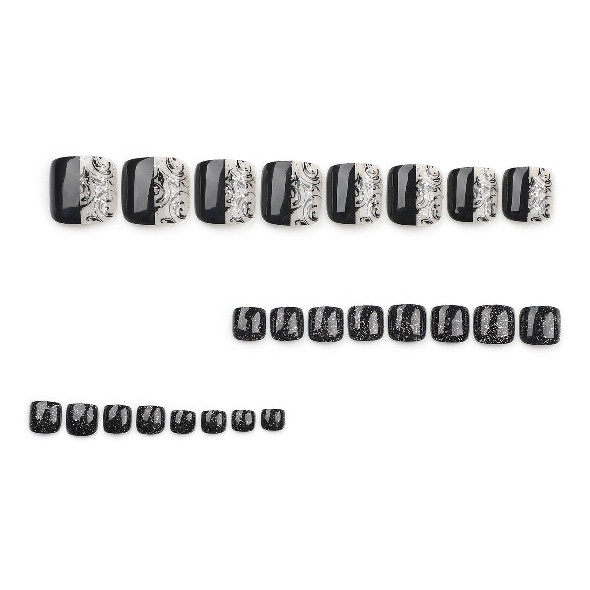 365nails: "Black Silver Glitter Square Toenails" – Split Design Press-on Toenails – Image 2