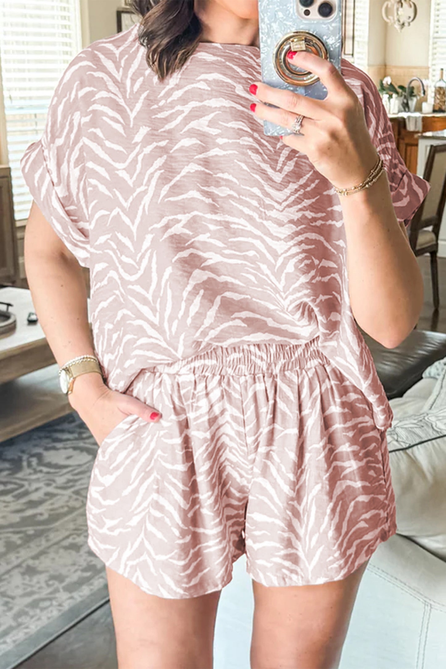 Abstract Print Cuffed Short Sleeve Loose Top Short Set