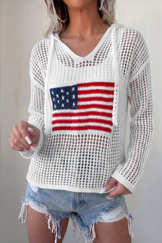 White Hollow Out Crochet Knit American Flag Patched Sweater Hoodie