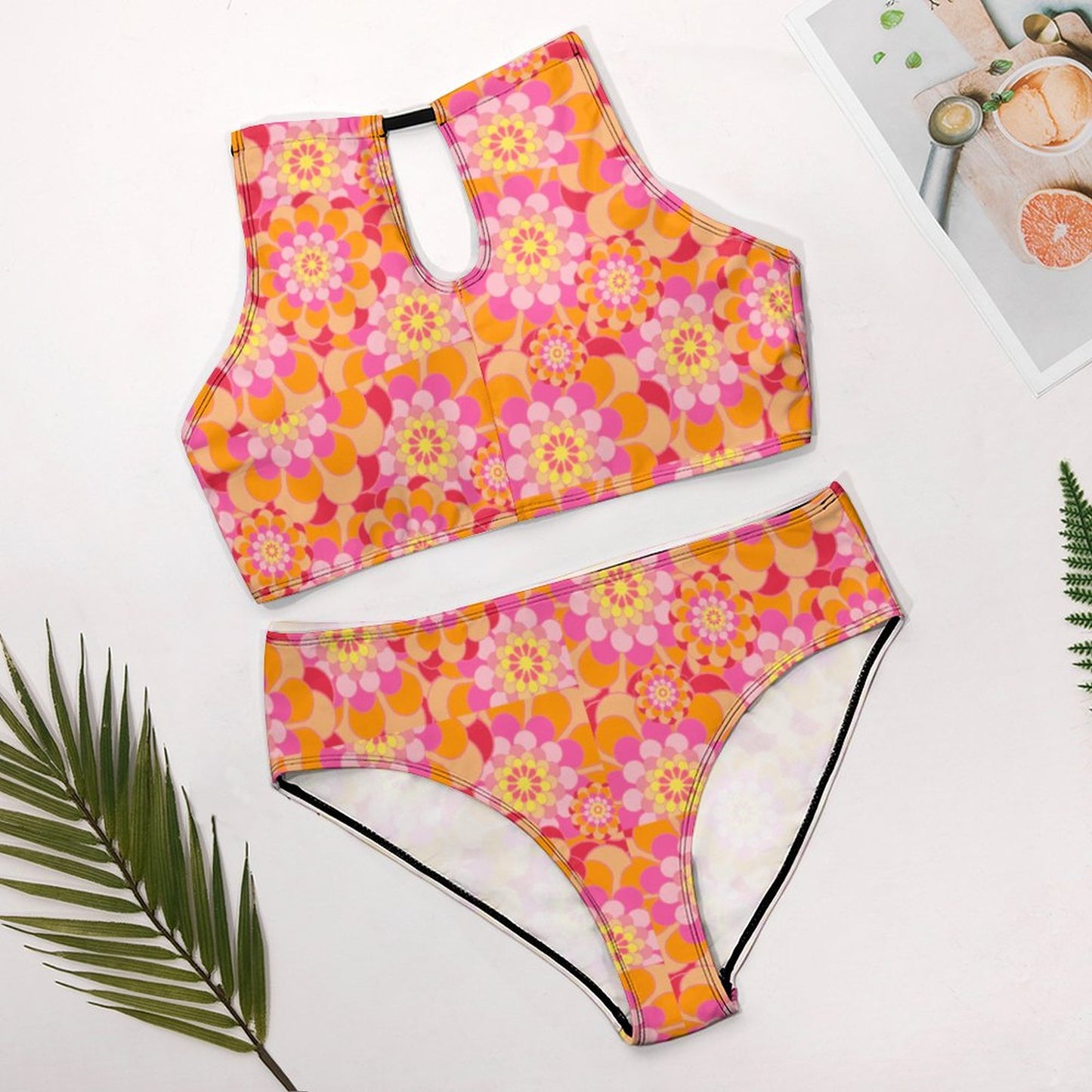 Women's Two piece Swimsuit with High Neck Halter Top Daisy