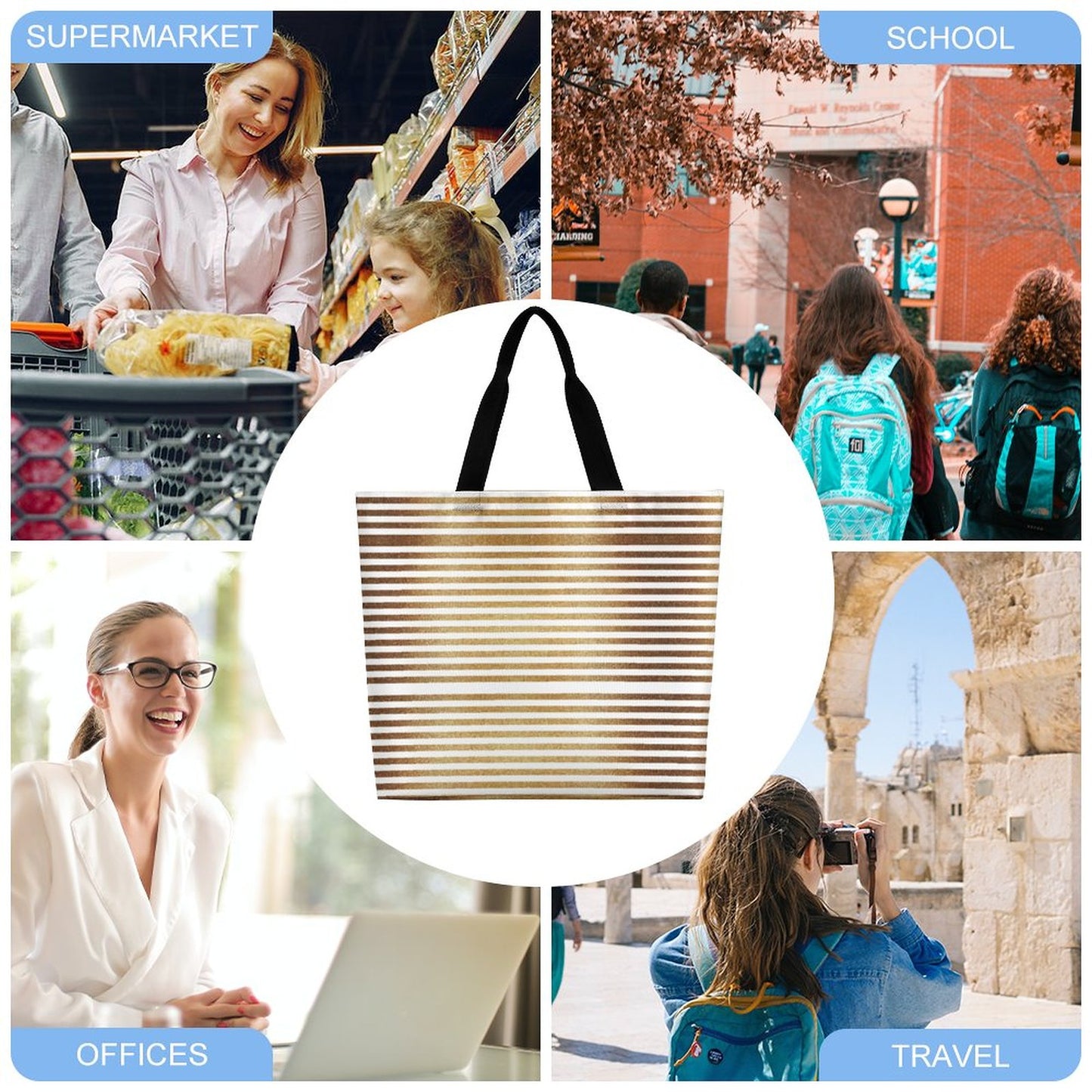 Large One Shoulder Shopping Bag Gold Stripes