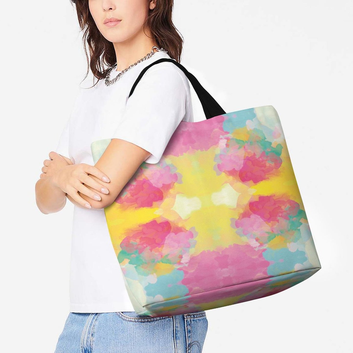 Large One Shoulder Shopping Bag Pink Yellow Blue Tie-Dye