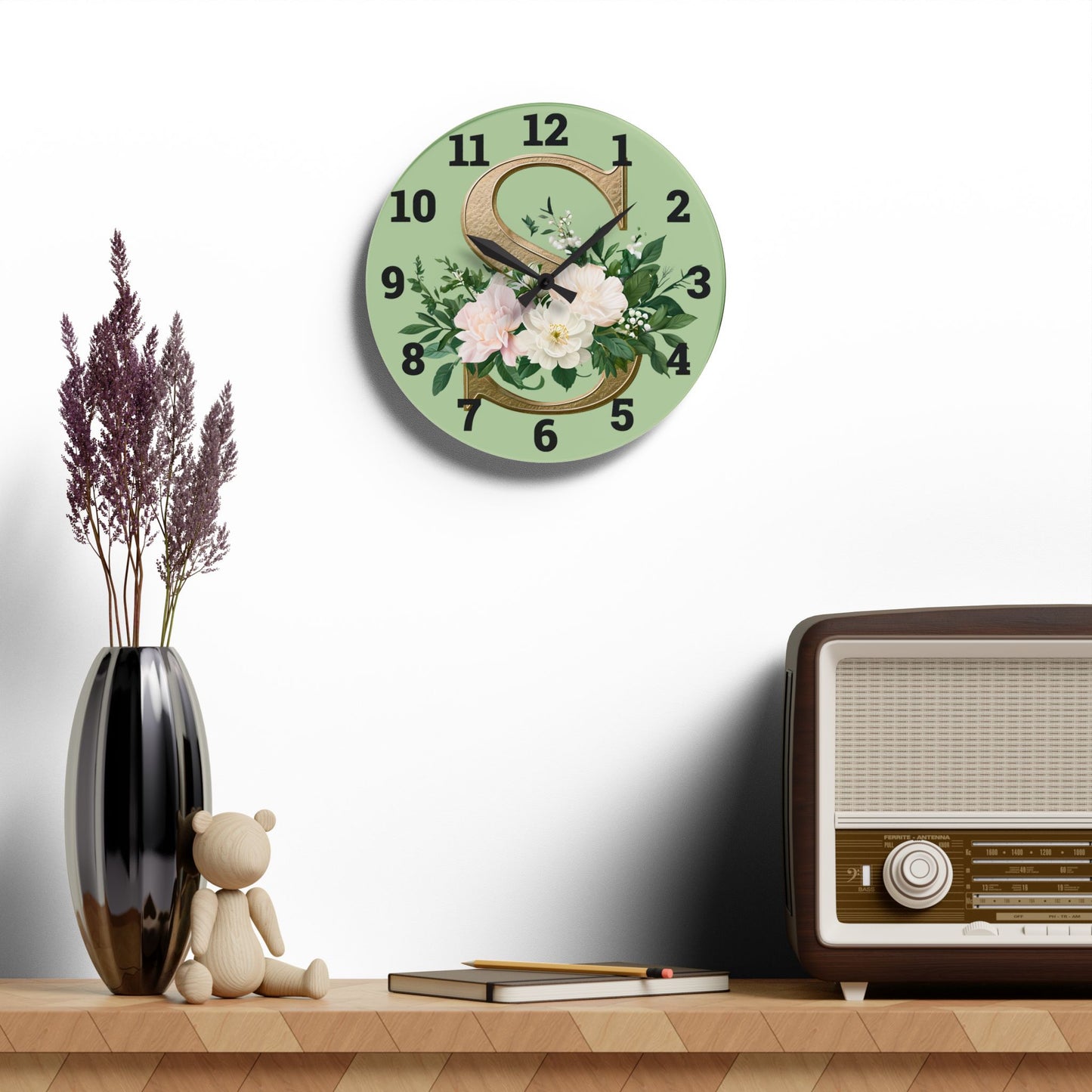 Floral Initial Acrylic Wall Clock, Elegant Home Décor