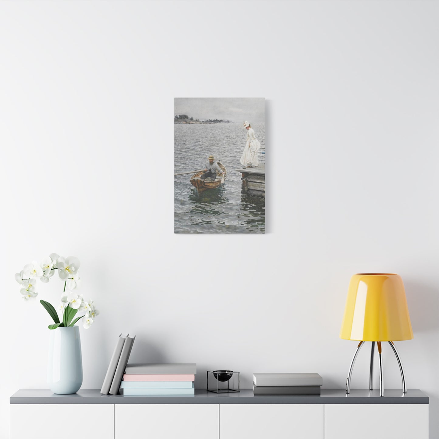 Seaside Stroll Canvas Print — Vintage Woman & Rowboat Matte Stretched Art 1.25"