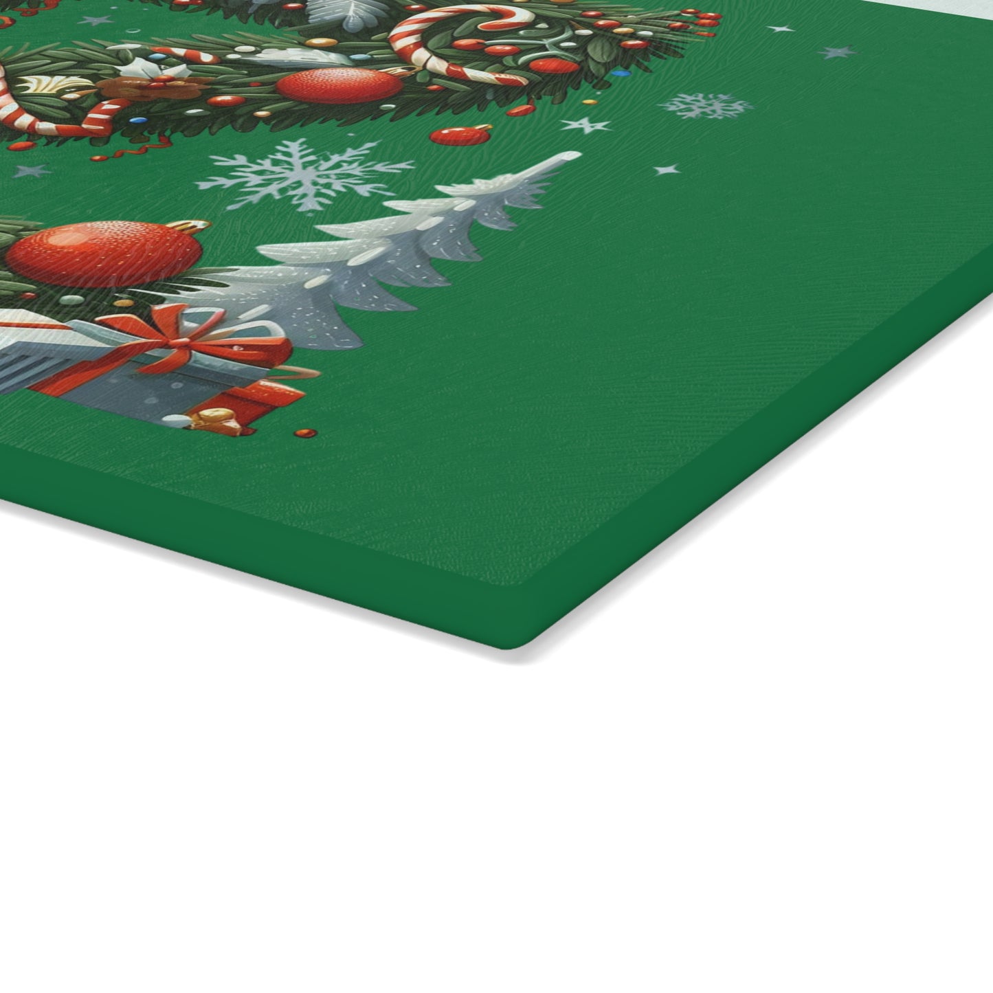 Christmas Wreath 'Z' Glass Cutting Board – Festive Holiday Kitchen Board, Candy Cane & Ornaments Design