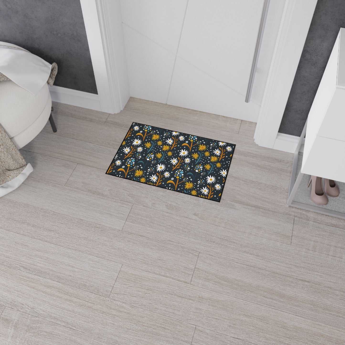 Floral Daisies Heavy Duty Floor Mat — Dark Botanical Entry Rug