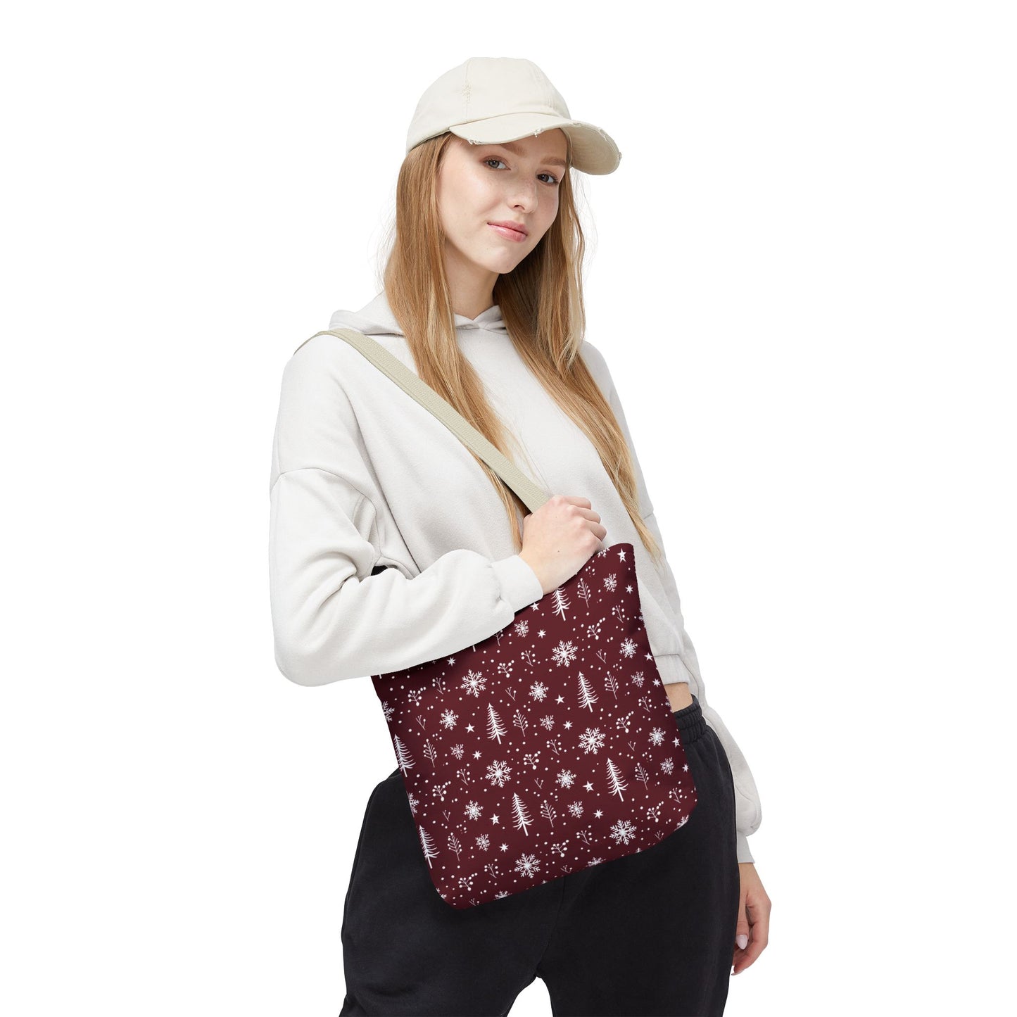 Christmas Snowflake Tote Bag – Burgundy Holiday Patterned Carryall