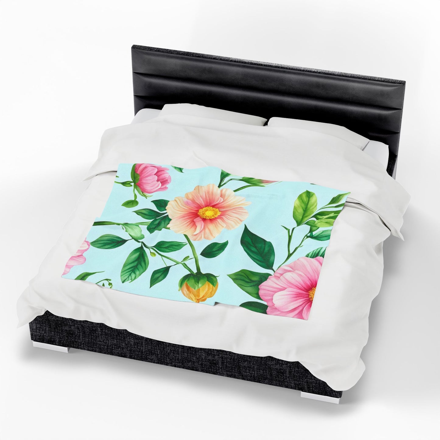 Floral Velveteen Plush Blanket — Pastel Pink & Mint Flower Throw