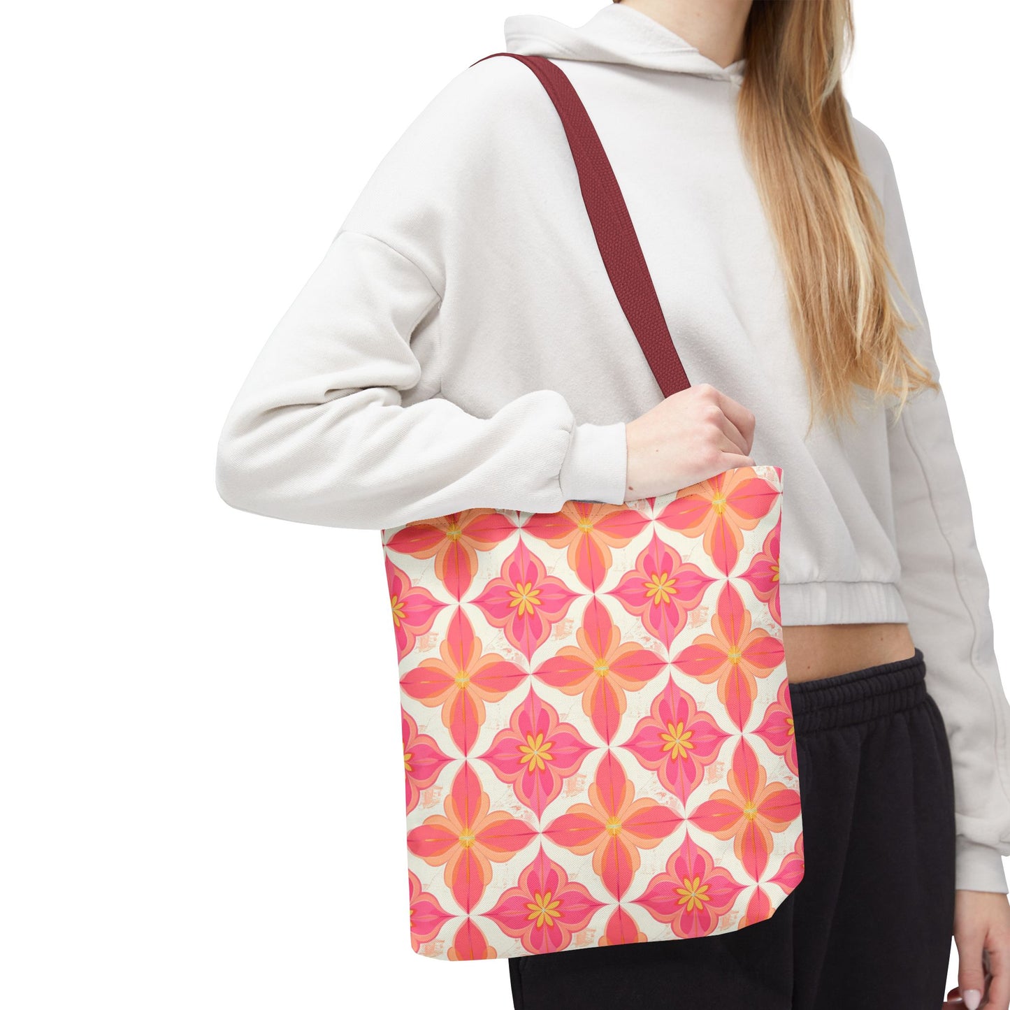 Pink Floral Geometric Tote Bag — All-Over Print Reusable Shopper
