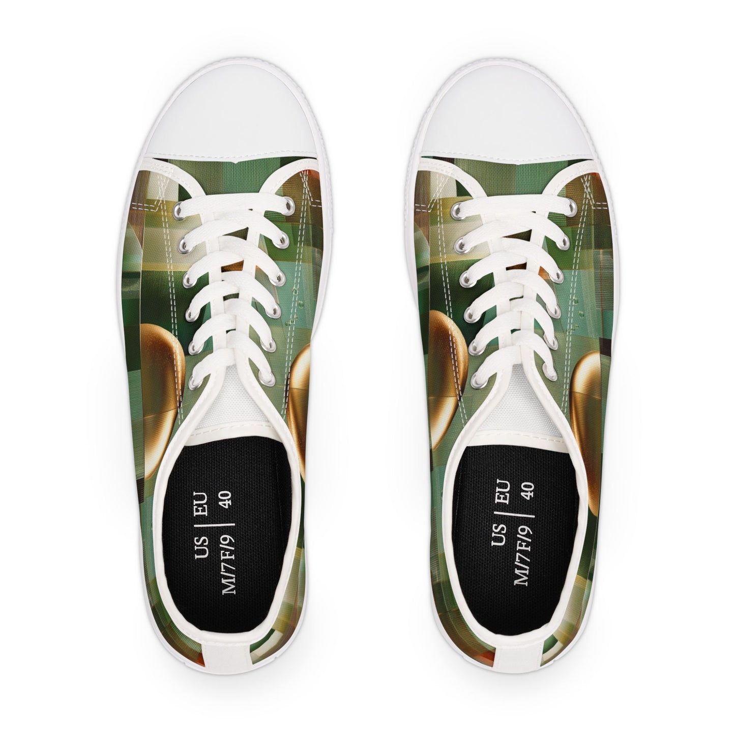 Low Top Sneakers — Green Abstract Geometric with Gold Orb Design