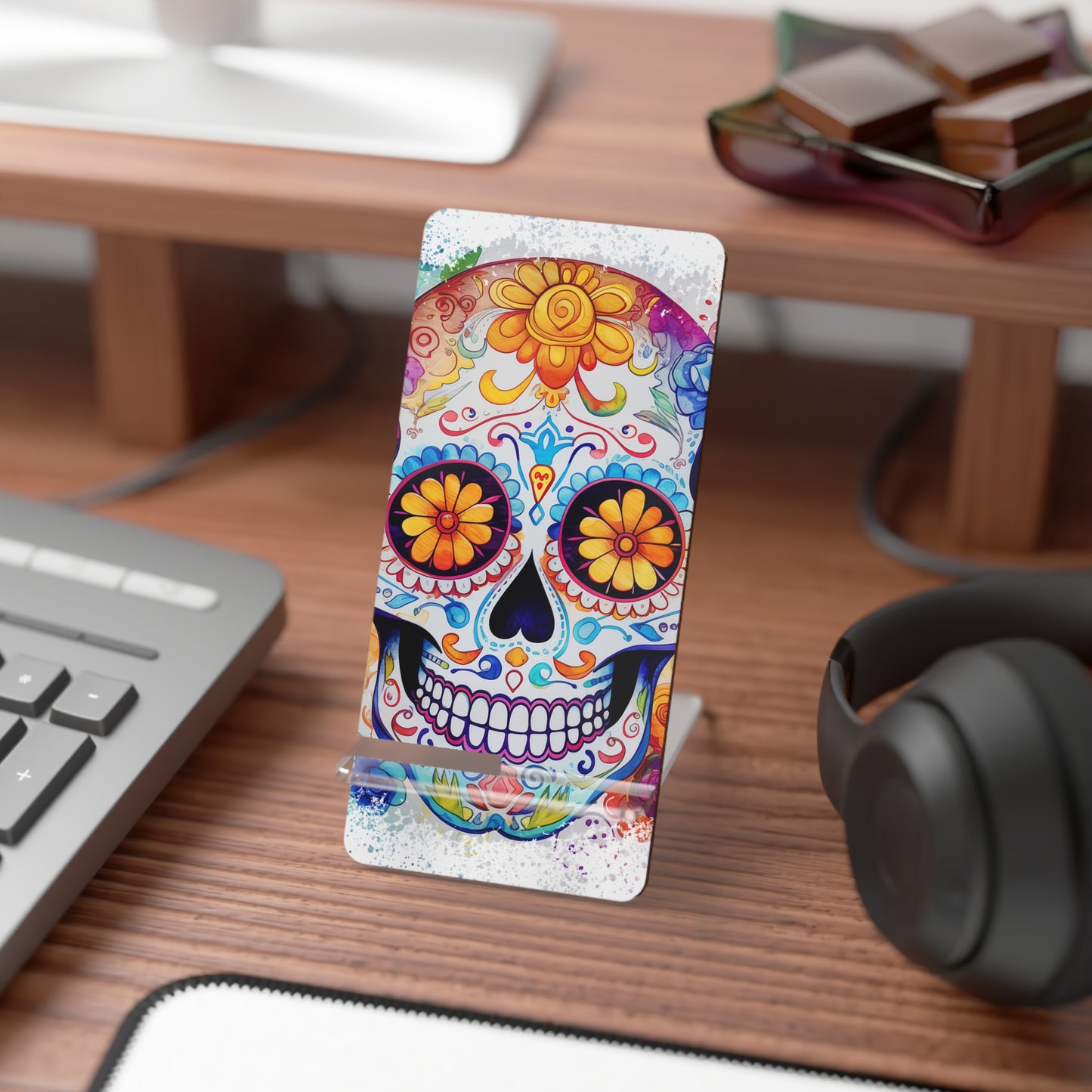 Sugar Skull Smartphone Stand — Colorful Day of the Dead Mobile Display Stand