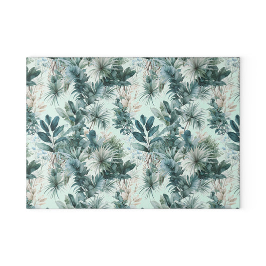 Botanical Glass Cutting Board - Teal Tropical Palm Pattern