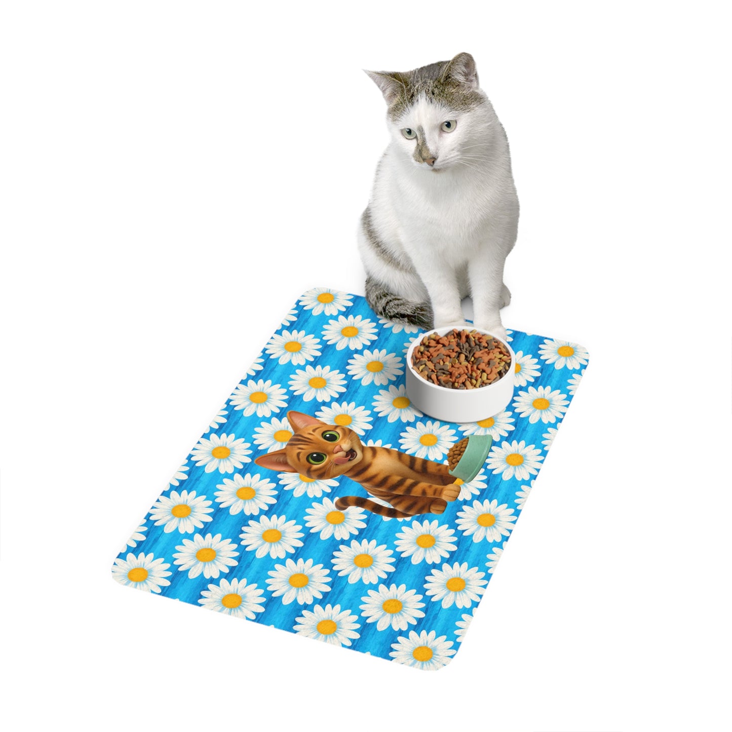 Cute Tabby Cat Pet Food Mat (12x18) — Daisy Pattern, Non-Slip Feeding Placemat