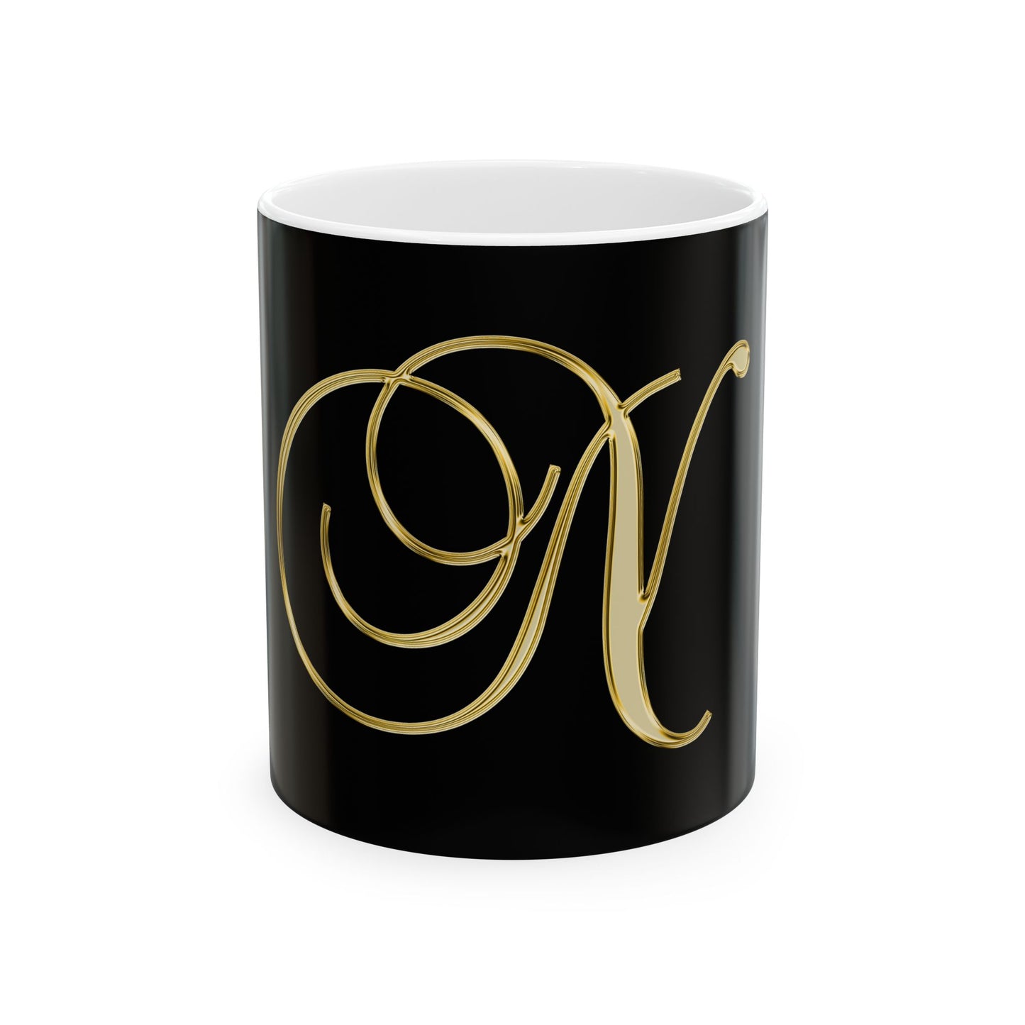 Gold Script Letter N Ceramic Mug — Elegant Monogram Coffee Cup (11oz, 15oz)