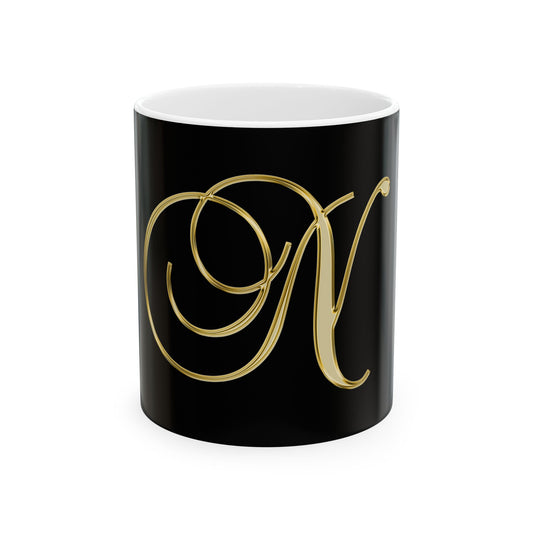 Gold Script Letter N Ceramic Mug — Elegant Monogram Coffee Cup (11oz, 15oz)