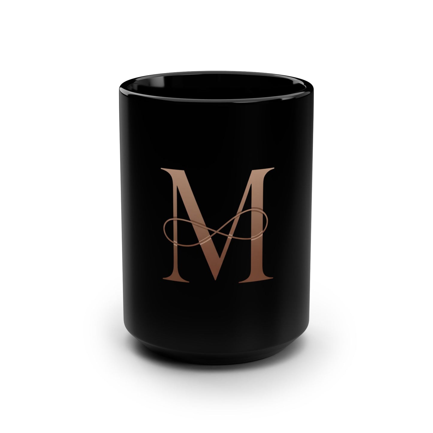 Monogram M Black 15oz Coffee Mug — Elegant Rose Gold Initial Mug