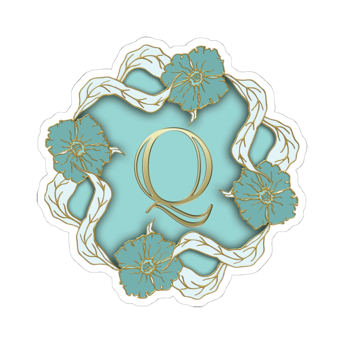 Monogram Q Floral Sticker — Gold Lettering on Teal Kiss-Cut Sticker