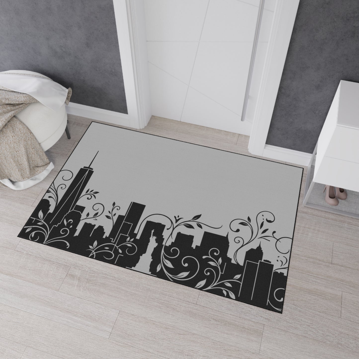 City Skyline Heavy-Duty Floor Mat — Black Urban Floral Door Rug