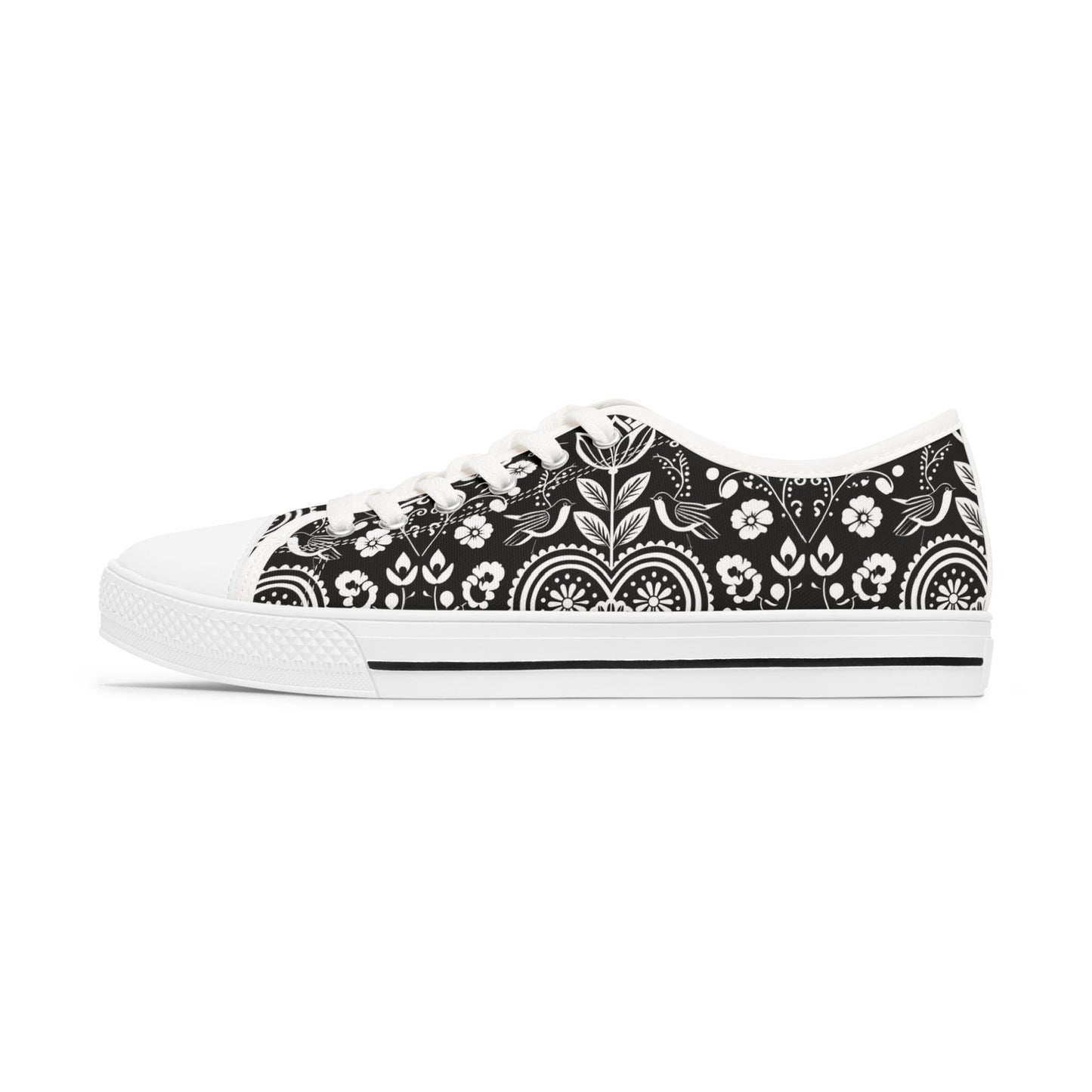 Low Top Sneakers — Black White Paisley Floral Pattern