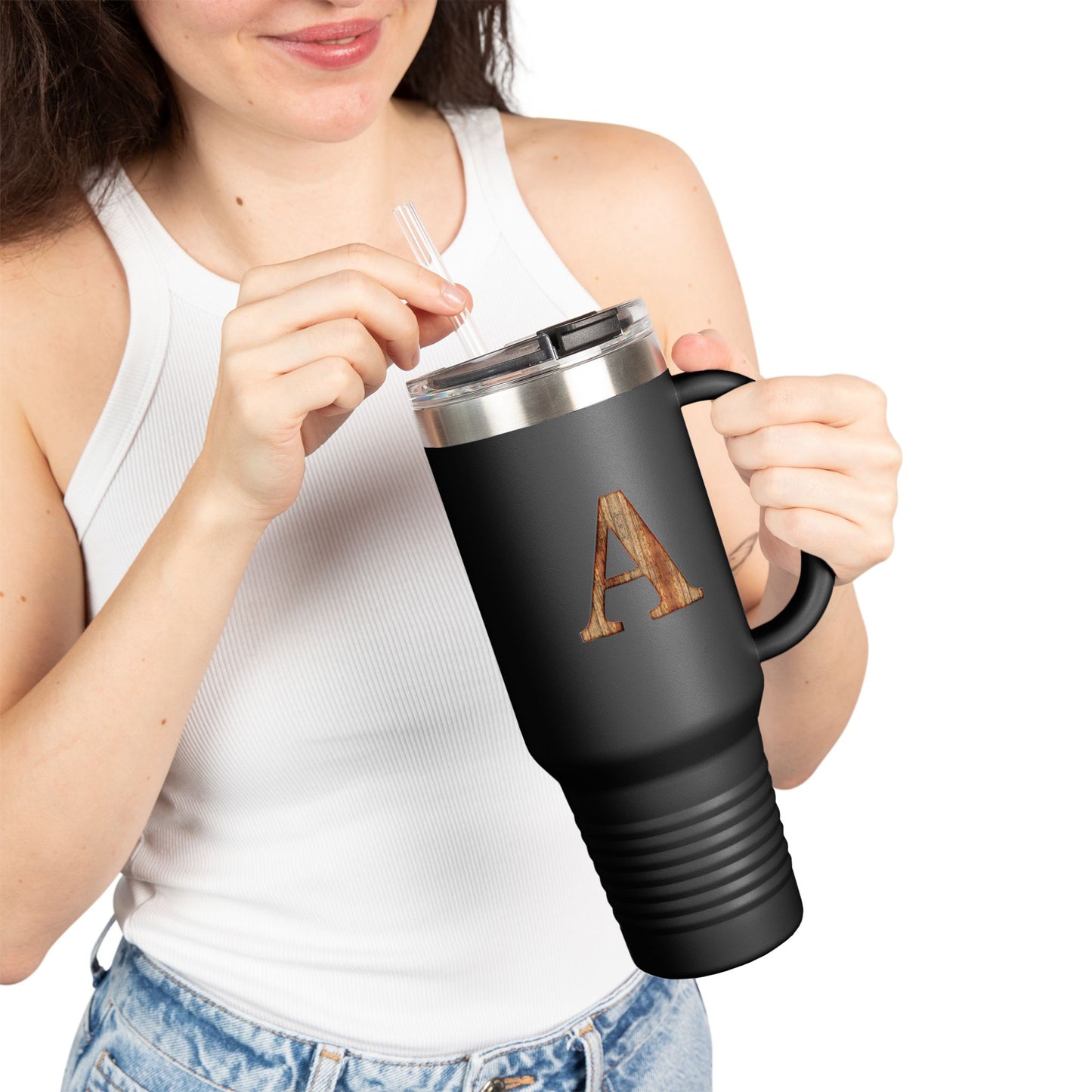 Wooden Monogram 40oz Insulated Travel Mug – Personalized Initial 'A'