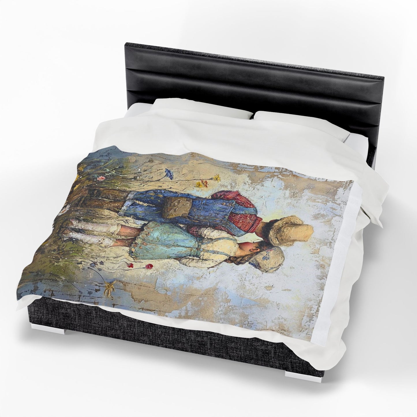 Vintage Children Standing Together Velveteen Plush Blanket — Rustic Nursery Throw