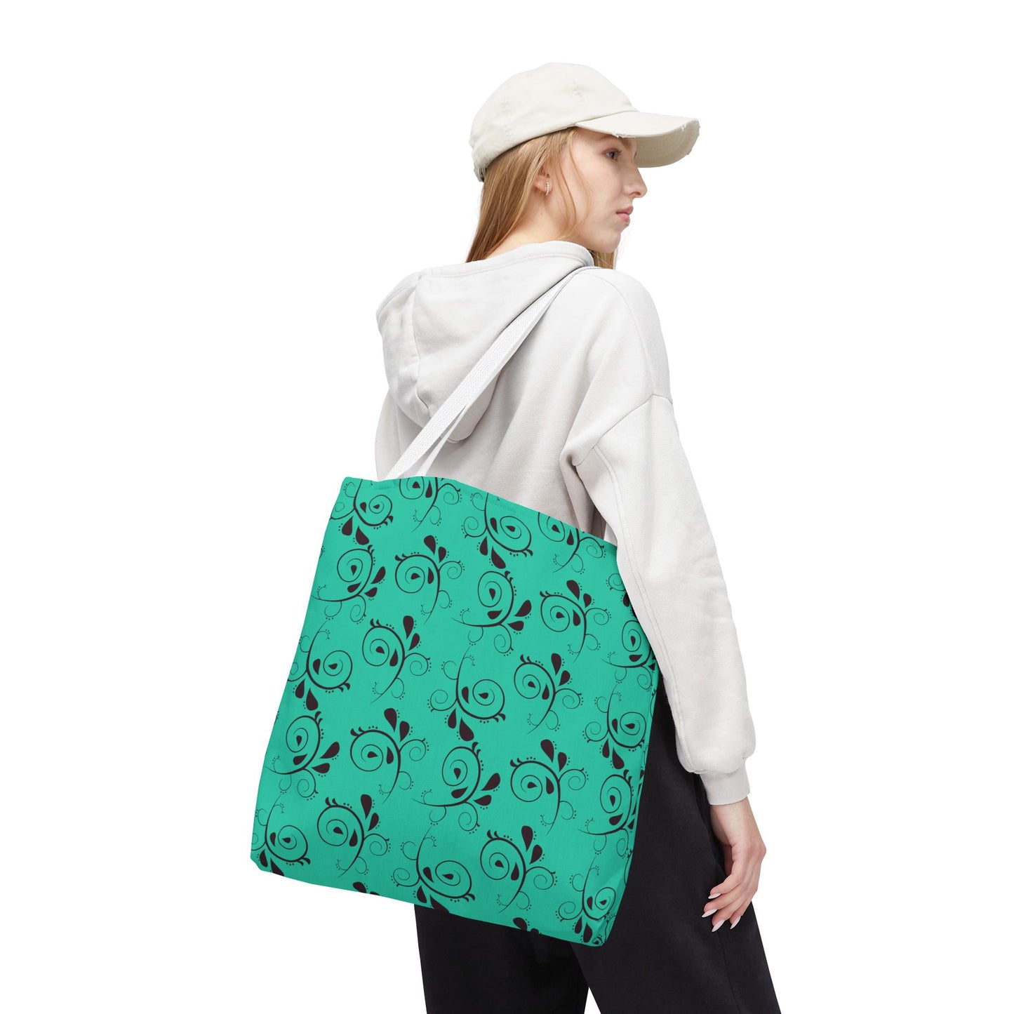 Turquoise Floral Swirl Tote Bag – All-Over Print Stylish Shopping Bag