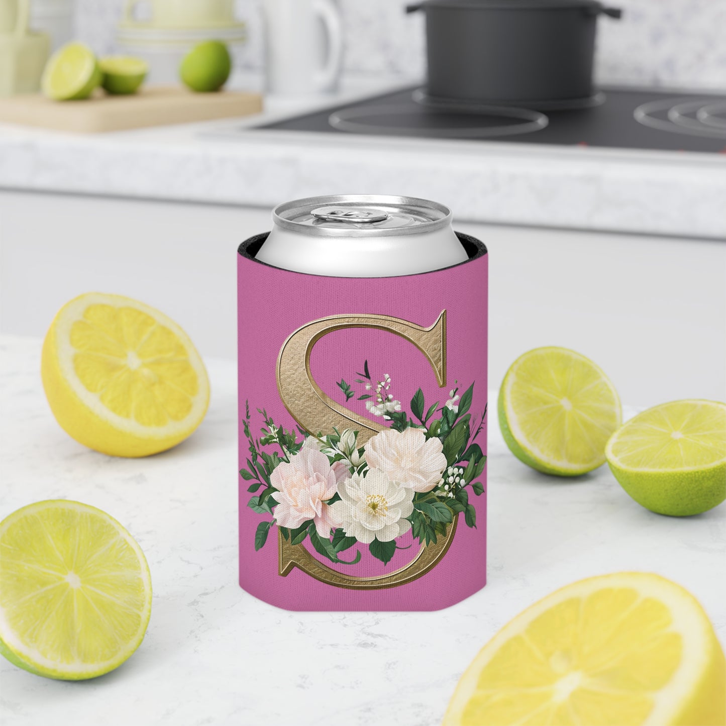 Personalized Floral Initial Can Cooler, Wedding Favors, Summer Party Drink Holder, Bridesmaid Gift, Outdoor BBQ Accessories