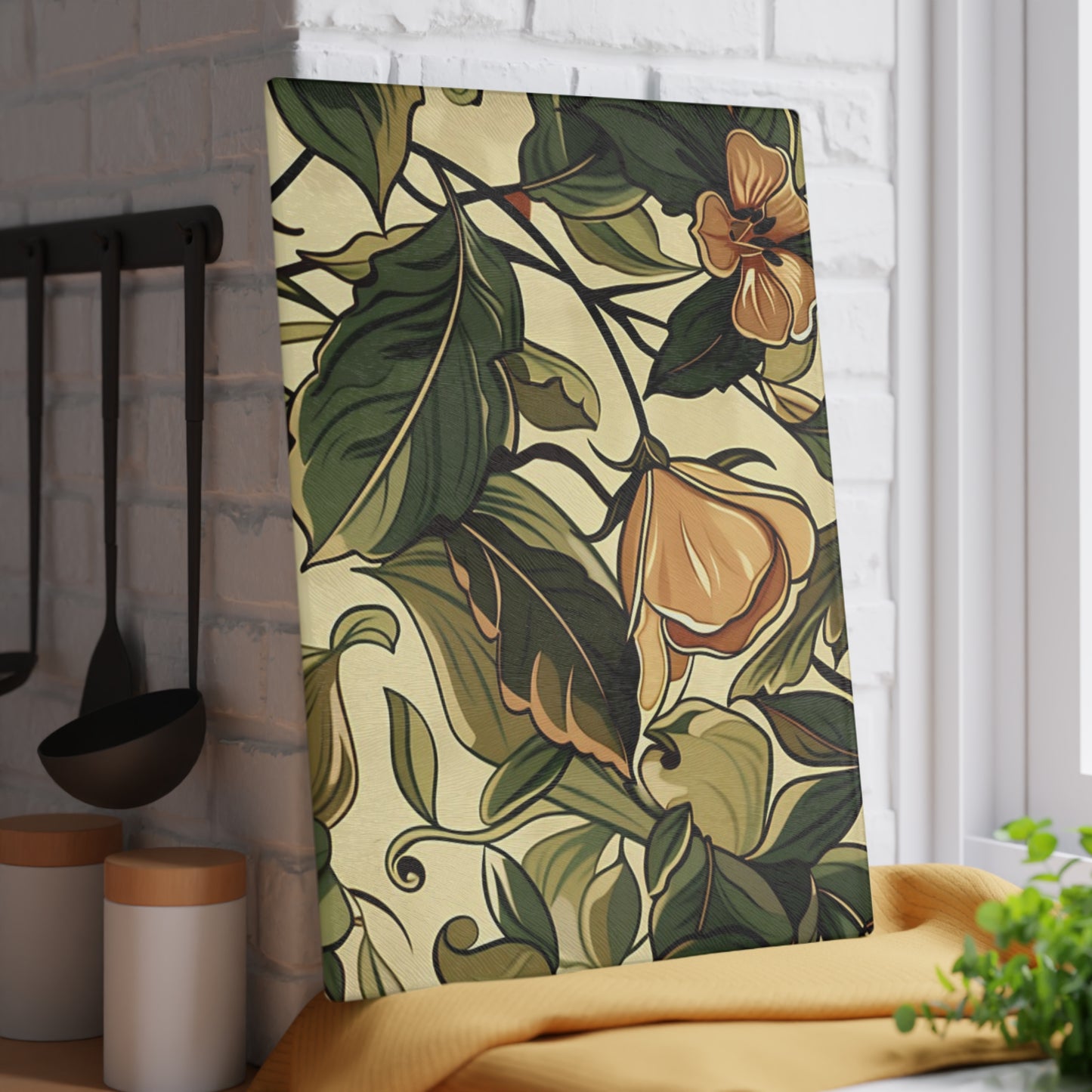 Floral Vine Glass Cutting Board — Vintage Botanical Design