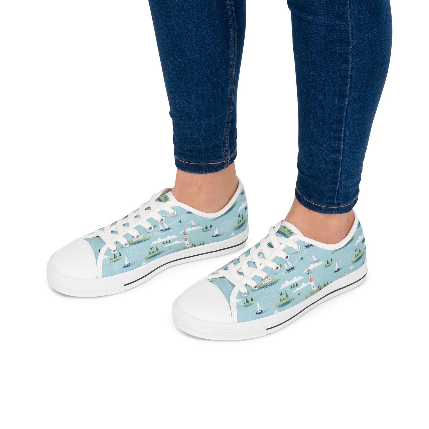 Low Top Sneakers — Nautical Lighthouse Pattern, Cute Coastal Women’s Casual Shoes